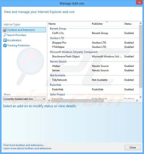 Remoção dos anúncios StormWatch do Internet Explorer passo 2