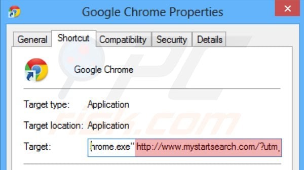 Removendo mystartsearch.com do atalho do Google Chrome passo 2