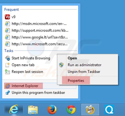 Removendo mystartsearch.com do atalho do Internet Explorer passo 1