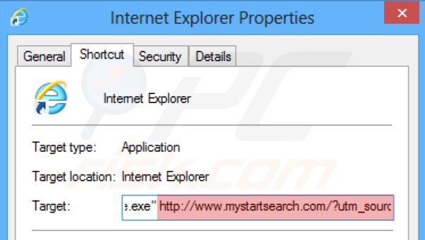Removendo mystartsearch.com do atalho do Internet Explorer passo 2