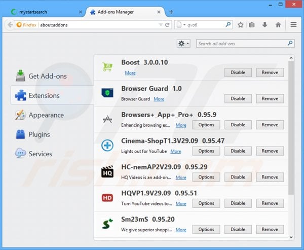 Remoção de extensões relacionadas mystartsearch.com do Mozilla Firefox