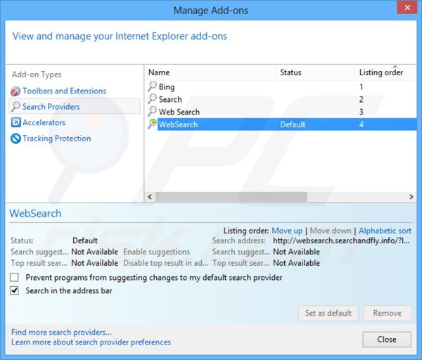 Removendo websearch.searchandfly.info do motor de busca padrão do Internet Explorer