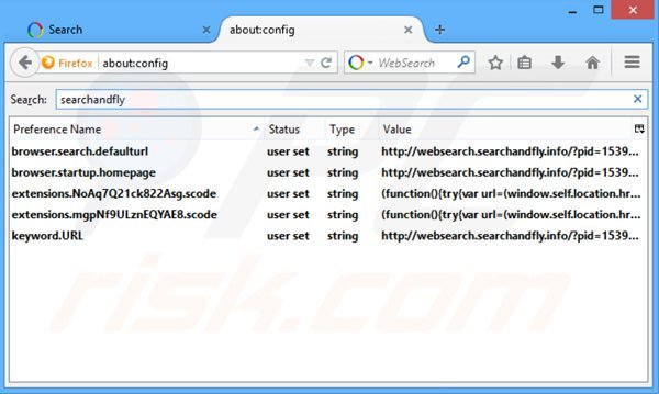 Removendo websearch.searchandfly.info da página inicial e motor de busca padrão do Mozilla Firefox.