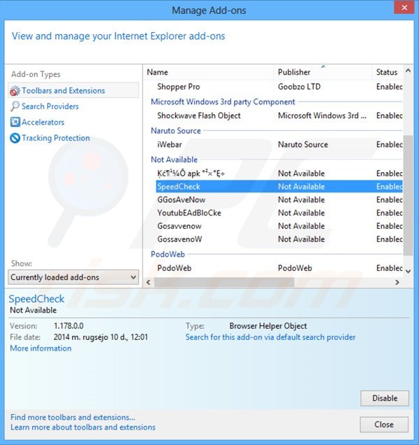 Remoção dos anúncios SpeedCheck do Internet Explorer passo 2