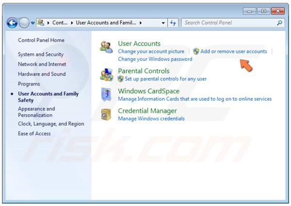 Painel de Controlo do Windows 7 - adicione ou remova contas de utilizador