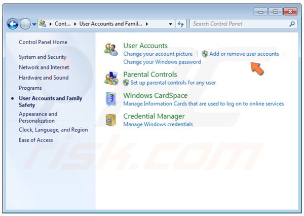 Painel de Controlo do Windows 7 - adicione ou remova contas de utilizador