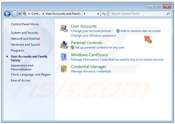 Painel de Controlo Windows 7 - adicione ou remova contas de utilizador