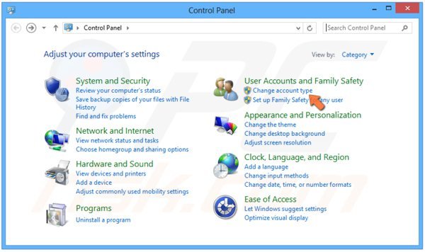 Ative o utilizador convidado no Windows 8 passo 2 - clique em Alterar tipo de Contas de Utilizador e Segurança da Família