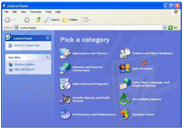 Ative o utilizador do convidado no Windows XP passo 2 - acedendo a Contas de Utilizador
