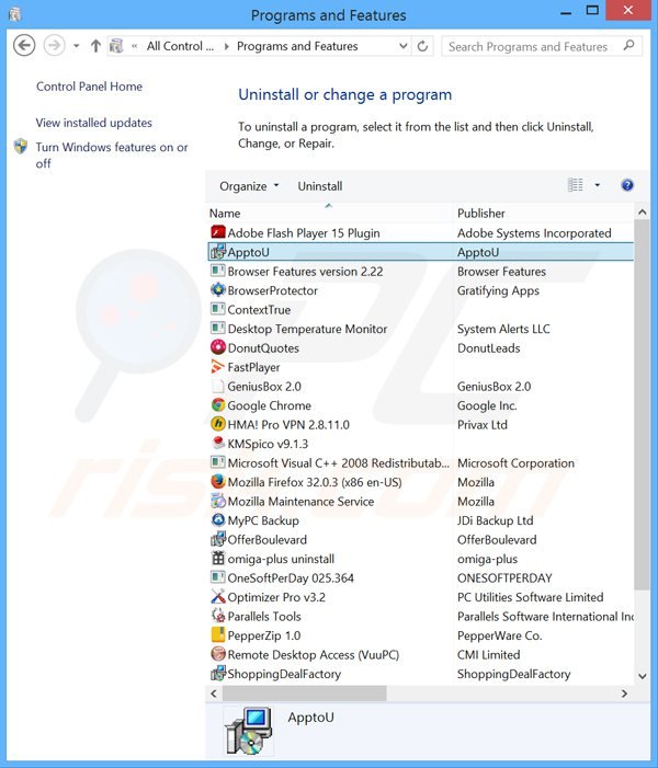 desinstalar o adware ApptoU via Painel de Controlo