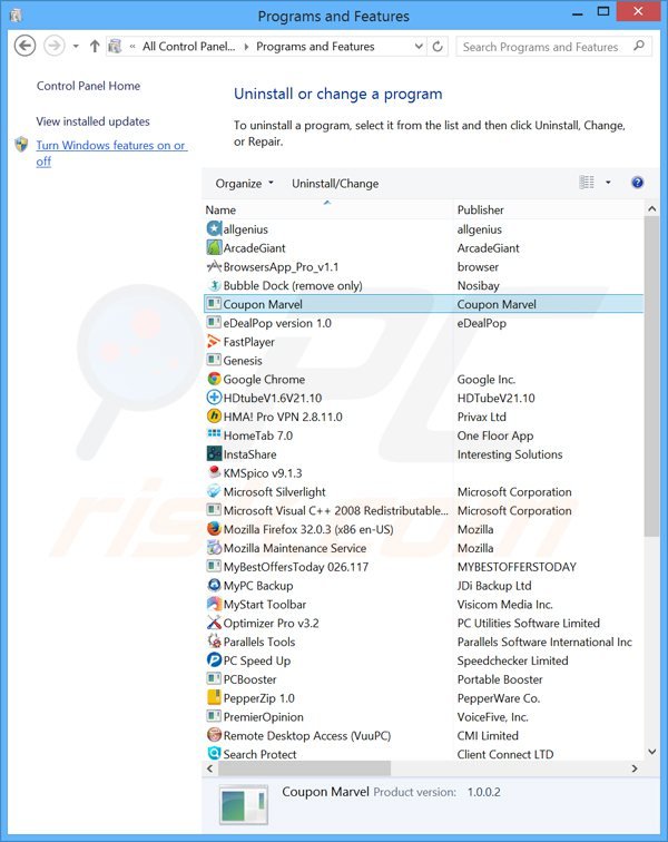 desinstalar o adware Coupon Marvel via Painel de Controlo