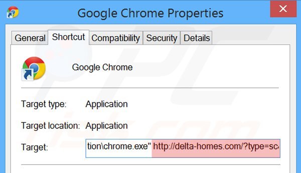 Removendo delta-homes.com do atalho do Google Chrome passo 2