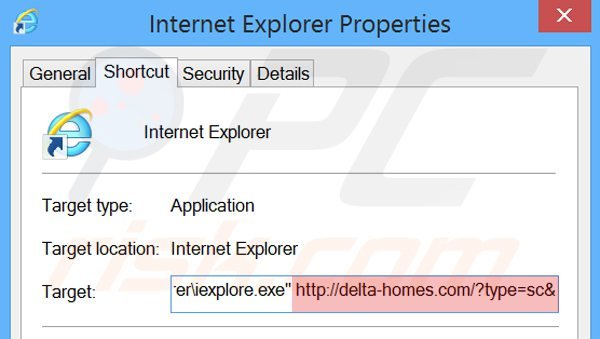 Removendo delta-homes.com do atalho do Internet Explorer passo 2