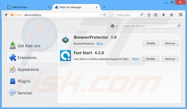  Remoção das extensões relacionadas a delta-homes.com do Mozilla Firefox
