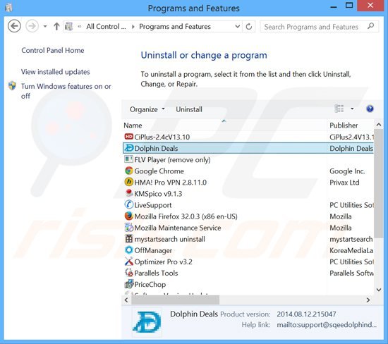 desinstalar o adware dolphin deals via Painel de Controlo