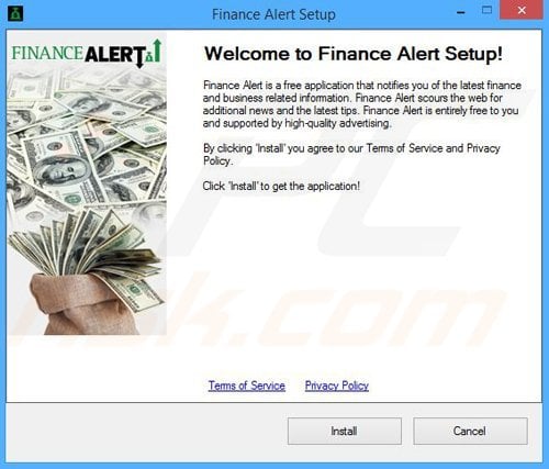 Configuração da instalação do adware Finance Alert