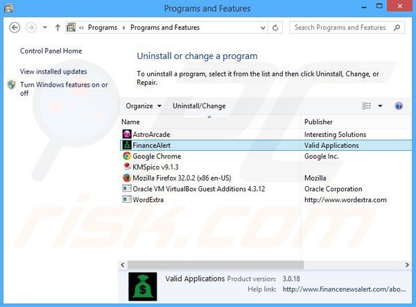 desinstalar o adware Finance Alert através do Painel de Controlo