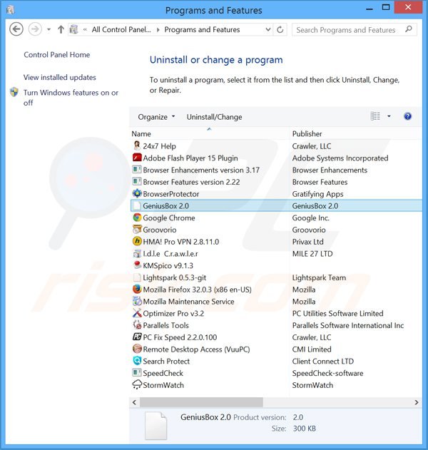 desinstalar o adware geniusbox via Painel de Controlo