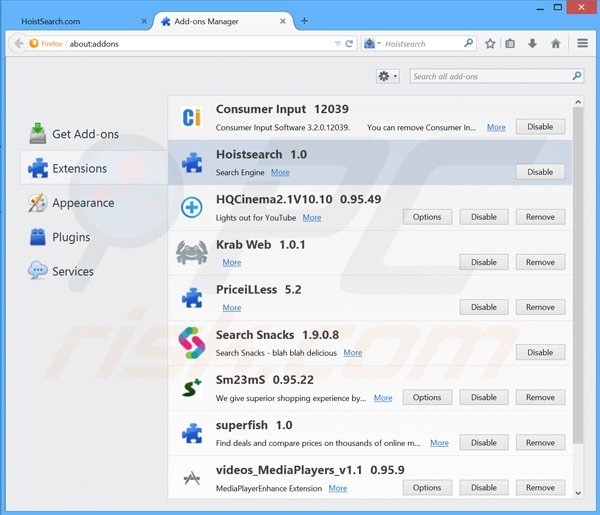 Removendo as extensões hoistsearch do Mozilla Firefox