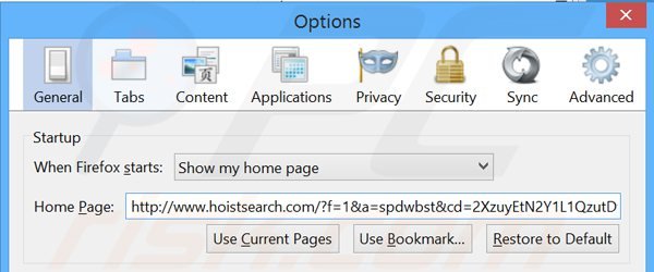 Removendo a página inicial hoistsearch.com do Mozilla Firefox