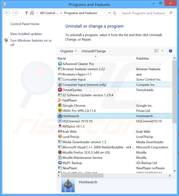desinstalar o sequestrador de navegador hoistsearch.com via Painel de Controlo