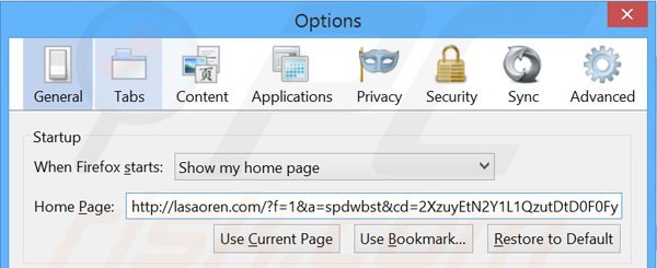 Removendo lasaoren.com da página inicial do Mozilla Firefox