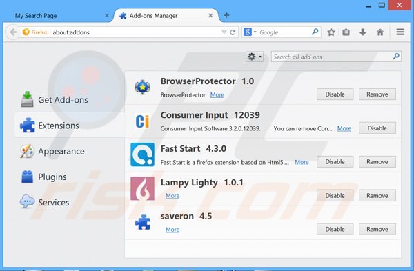 Remoção de extensões relacionadas mysearchpage.net do Mozilla Firefox
