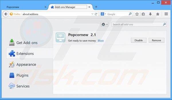 Removendo os anúncios Popcornew do Mozilla Firefox passo 2