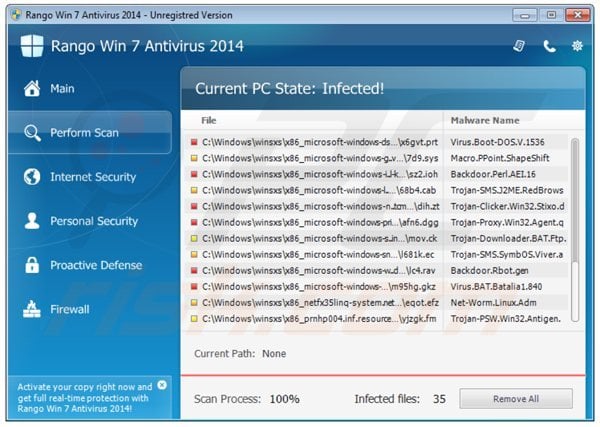 Rango Win 7 Antivírus 2014 software antivírus malicioso a executar uma verificação de segurança de computador falsa
