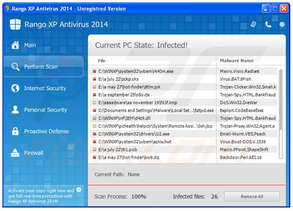 Rango XP Antivírus 2014 software antivírus malicioso a executar uma verificação de segurança de computador falsa