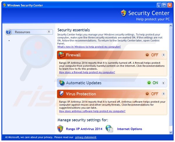 Rango XP Antivírus 2014 a mostrar um falso Centro de Segurança Windows