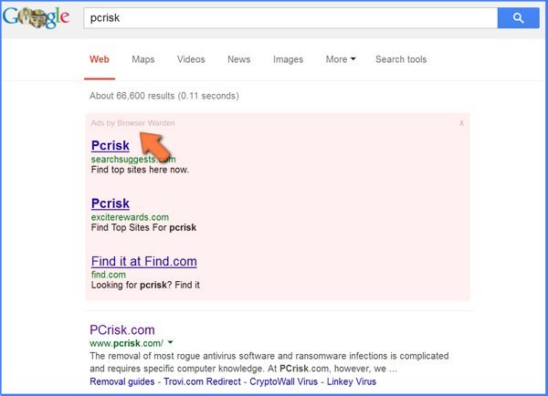 os anúncios fraudulentos que aparecem nos resultados de pesquisa do Google causados pelo adware Browser Warden