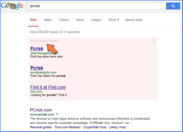 os anúncios fraudulentos que aparecem nos resultados de pesquisa do Google causados pelo adware Browser Warden