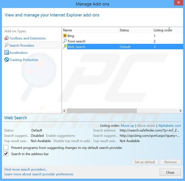 Removendo ssearch.safefinder.com do motor de busca padrão do Internet Explorer