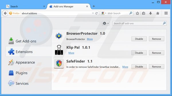 Remoção de extensões relacionadas search.safefinder.com do Mozilla Firefox