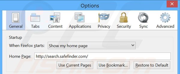 Removendo search. safefinder.com da página inicial do Mozilla Firefox