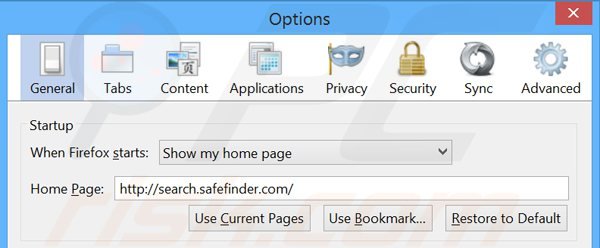 Removendo search. safefinder.com da página inicial do Mozilla Firefox