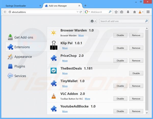 Remova savings downloader do Mozilla Firefox passo 2