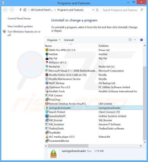 desinstalar o adware savings downloader via Painel de Controlo