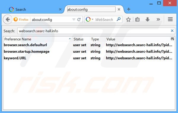 Removendo websearch.searc-hall.info da página inicial e motor de busca padrão do Mozilla Firefox.