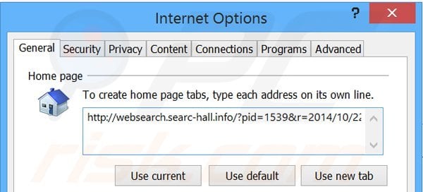Removendo o redireccionamento websearch.searc-hall.info da página inicial do Internet Explorer.