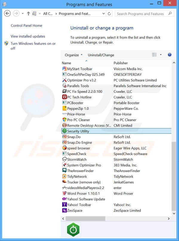 security utility adware uninstall via Control Panel