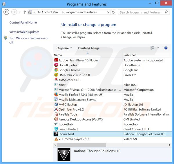 desinstalar o adware Storm Alert através do Painel de Controlo