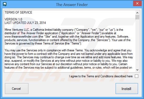 configuração do instalador do adware theanswerfinder