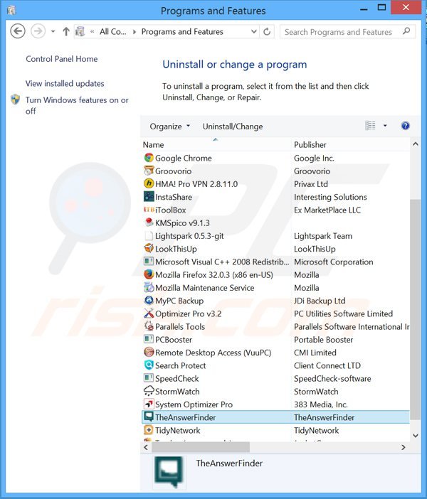 theanswerfinder adware uninstall via Control Panel