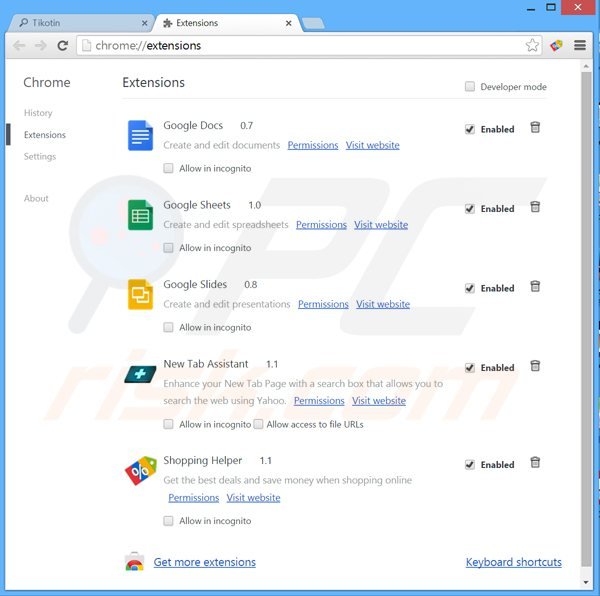 Remova as extensões relacionados com o tikotin.com do Google Chrome