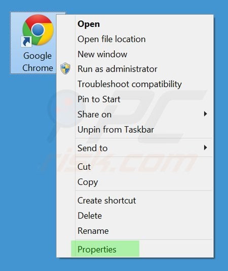 Removendo tikotin.com do atalho do Google Chrome passo 1