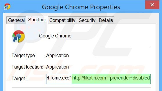 Removendo tikotin.com do atalho do Google Chrome passo 2