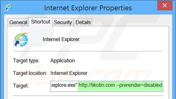  Removendo tikotin.com do atalho do Internet Explorer passo 2