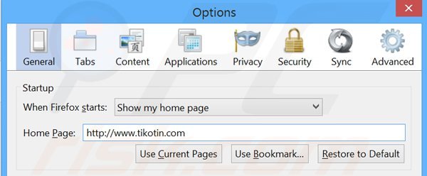 Removendo tikotin.com da página inicial do Mozilla Firefox